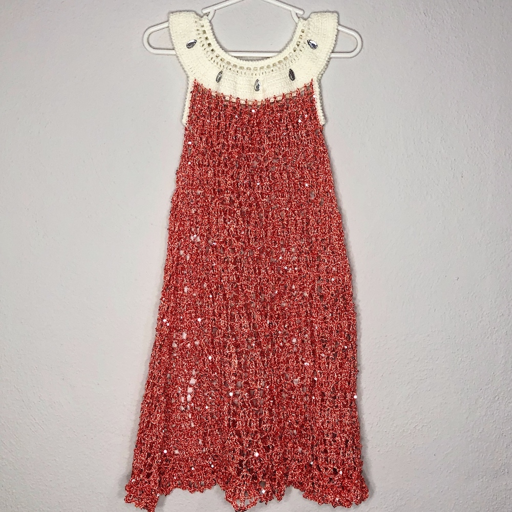 - coral dress with rhinestone beads